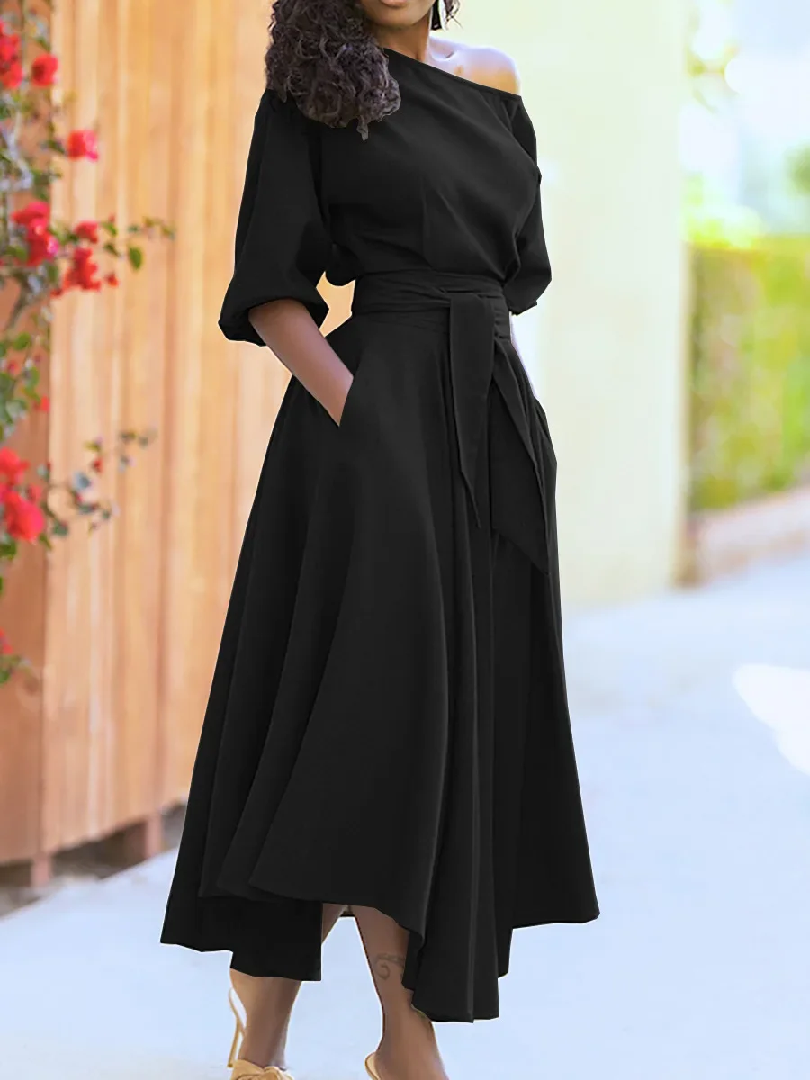 Elegant Women's Spring/Summer Fashion Green Oblique Collar 5/4 Sleeve Casual Dress Women's Casual Vintage Long Dresses S-3XL