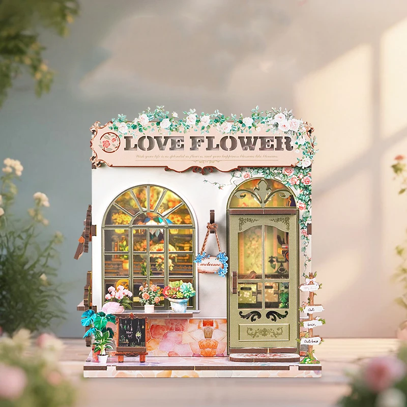 DIY Holz Love Flower Casa Puppenhäuser Miniaturmodellbausätze Puppenhaus mit Möbeln 3D-Puzzle für Freunde Geburtstagsgeschenke