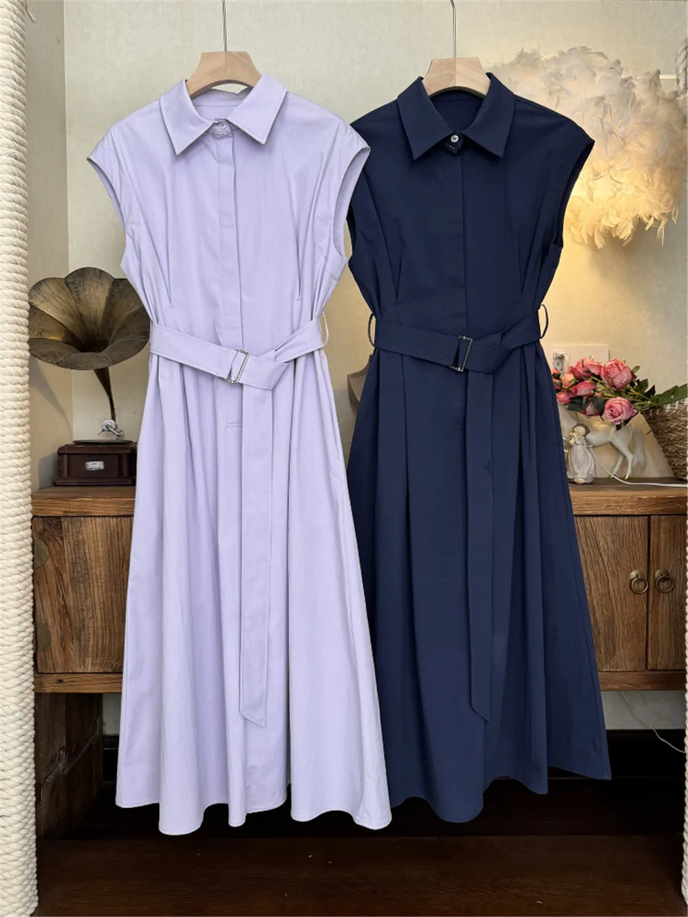 

Women's Polo Collar Sleeveless Shirt Dress Spring Summer Waist Tie Dresses