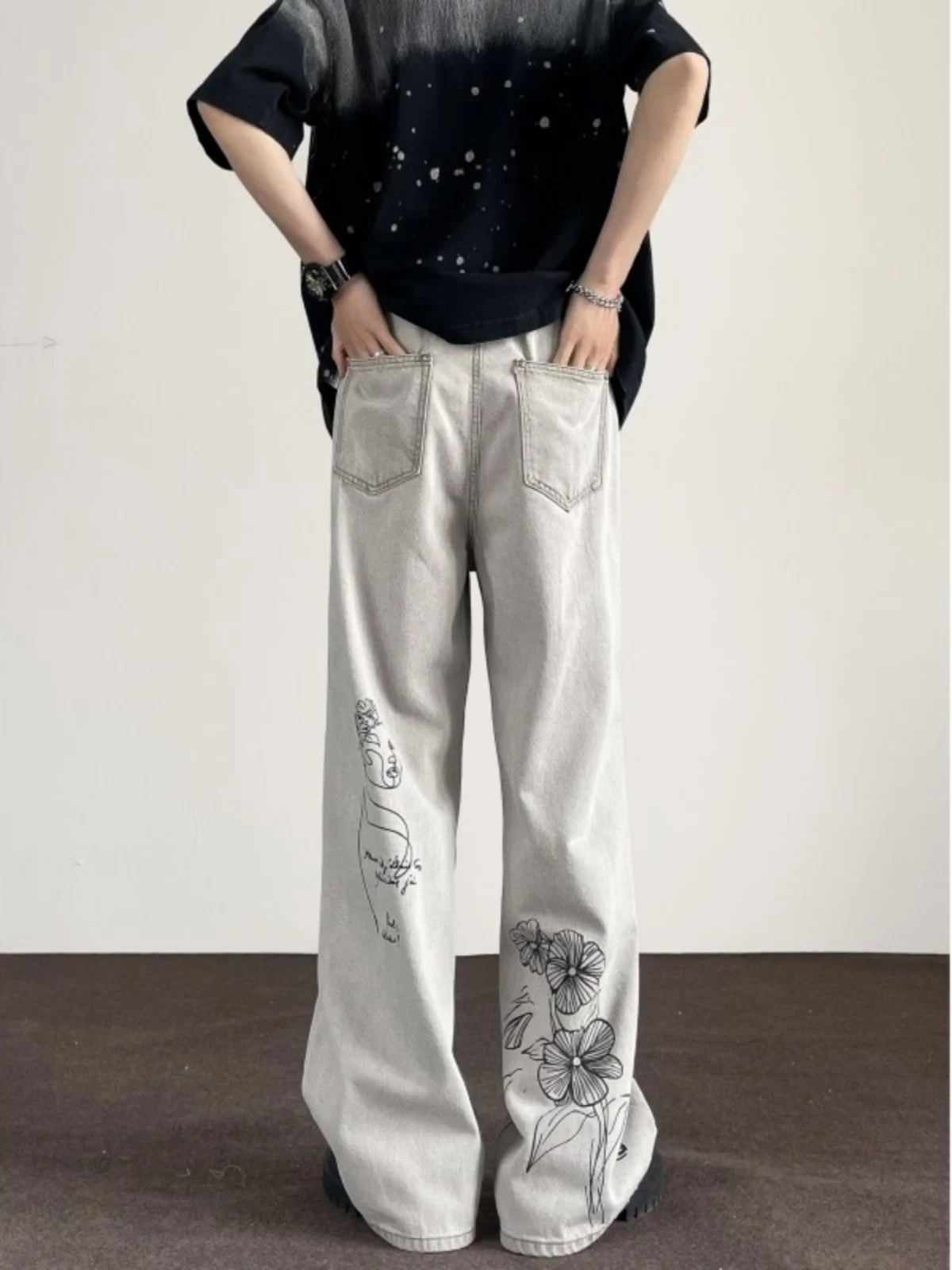 

Мужские свободные джинсы с широкими штанинами в американском стиле High Street, модные брюки, осенние трендовые брендовые брюки-клеш