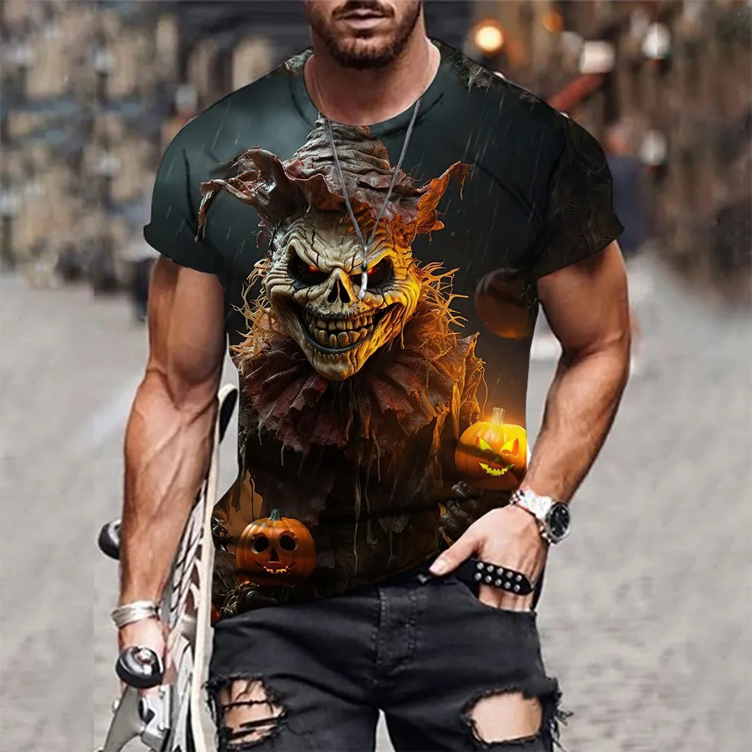 Мужская футболка с коротким рукавом в готическом стиле ужасов на Хэллоуин, 3D винтажная крутая футболка с рисунком черепа и круглым вырезом, удобные футболки в стиле хип-хоп для улицы