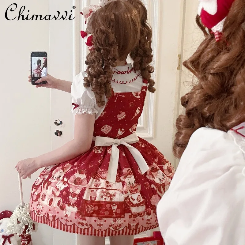 Robe princesse Lolita originale pour filles, à bretelles, avec nœud mignon, imprimé de dessin animé, taille haute, Kawaii, pour femmes, nouvelle collection automne 2025