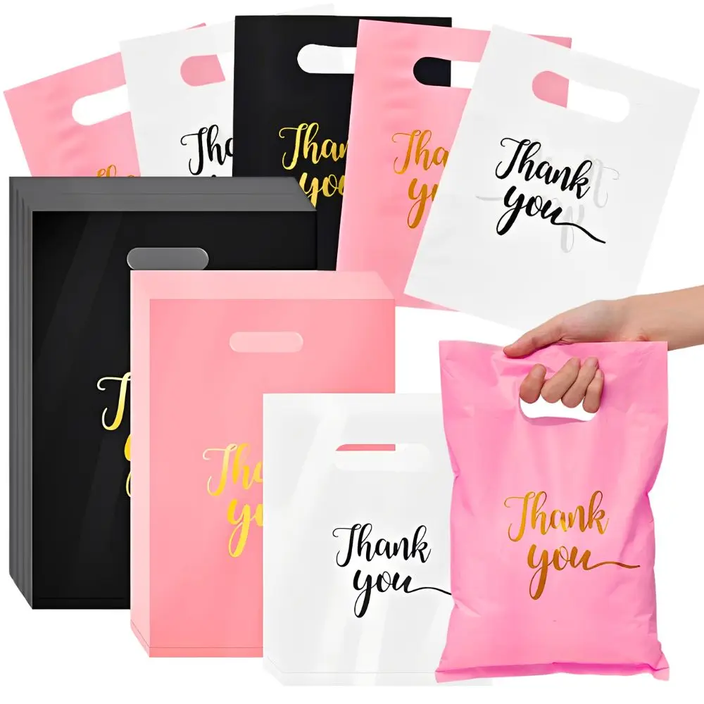 20pcs Thank You Plastic Shopping Bags, Pink/Black/White Die Cut Handle Merchandise Bags for Small Business, Boutique, Retail, Party Favors, Gifts, Goodies, Jewelry, Clothing, Cosmetics, Reusable & Disposable Gift Bags, Bulk Pack YMY