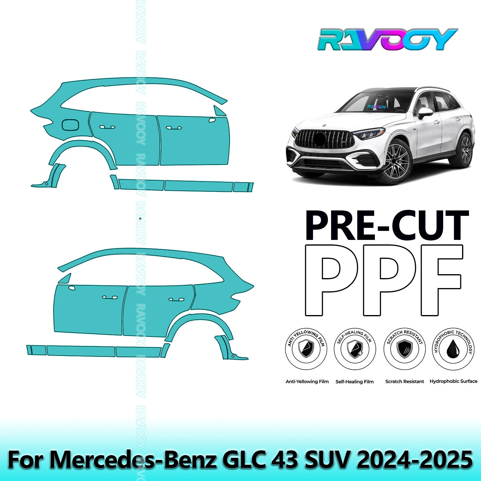 

For Mercedes-Benz GLC 43 SUV 2024-2025 8.5mil Clear Matte Pre-Cut PPF Door & A/B Pillar Kit TPU Paint Protection Film Set