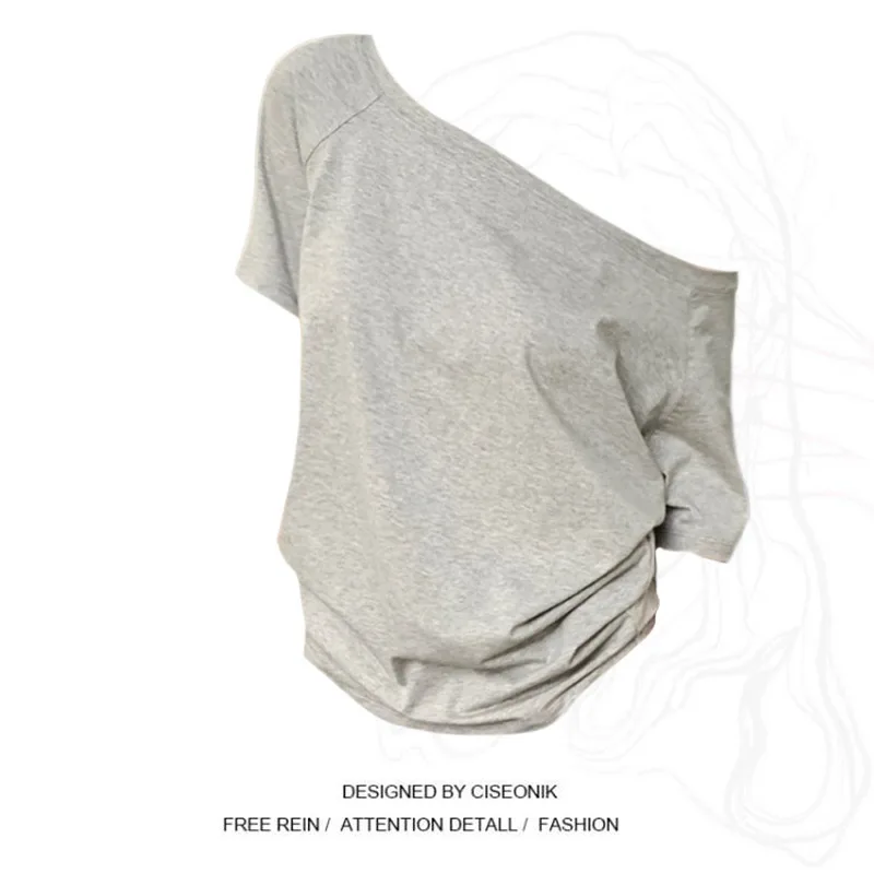 

Серая футболка с открытыми плечами и короткими рукавами, женская летняя шикарная свободная повседневная простая черная футболка с наклонными плечами