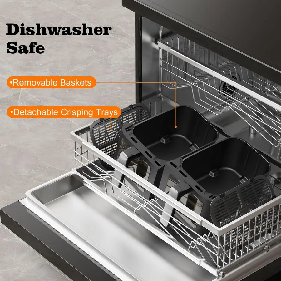 مقلاة هوائية كبيرة بسلة مزدوجة مع نافذة عرض و50 قطعة من بطانات الورق، مقالي هوائية رقمية مزدوجة المنطقة تعمل باللمس 10 في 1، SyncCo