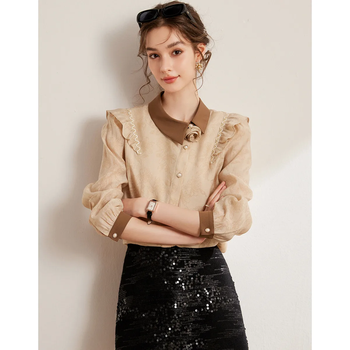 

Fashion Floral Print Elegant Shirts Women Spring Lapel Diagonal Buckle Long Sleeve Slim Chiffon Cardigan Casual Versatile Tops