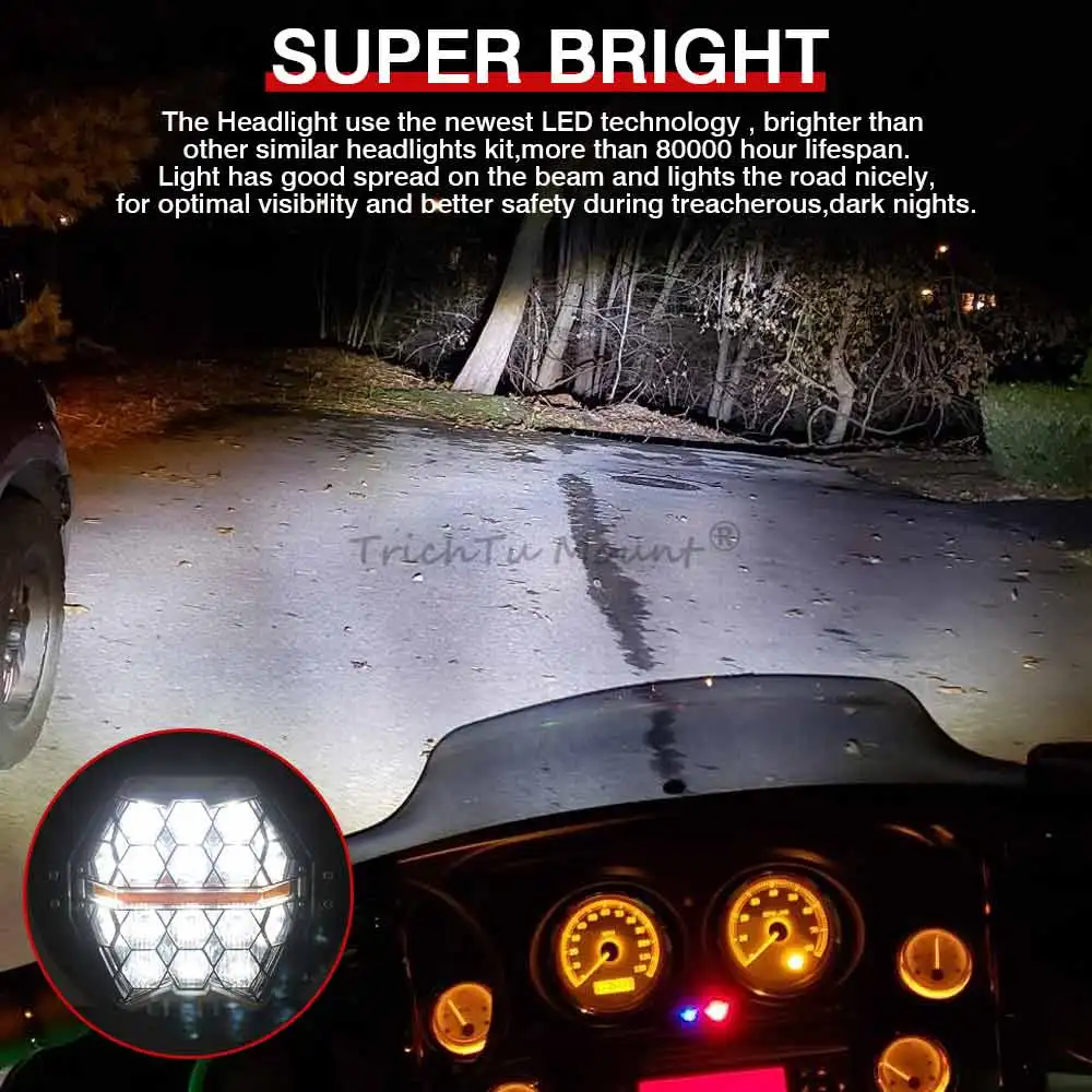 7 Inch LED Headlight DRL Motorcycle E-Mark E24 Hi/Lo Beam Light Headlamp For Harley Touring FLD Street Glide Road King Softail - Image 4