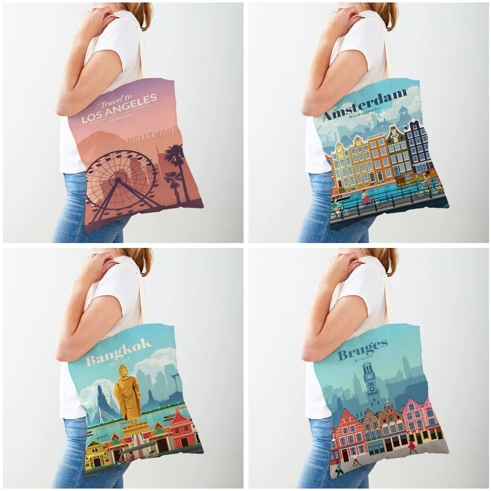 Bolso de mano de lona con estampado doble para mujer, bolsa de compras informal, con mapa de la ciudad de Londres, Nueva York, París, España