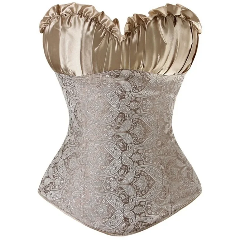 

Gold Corset Plus Size Women Sexy Overbust Bustiers Top Satin Vintage Flower Print Lingerie Corselet Shaper Lace up Korsett