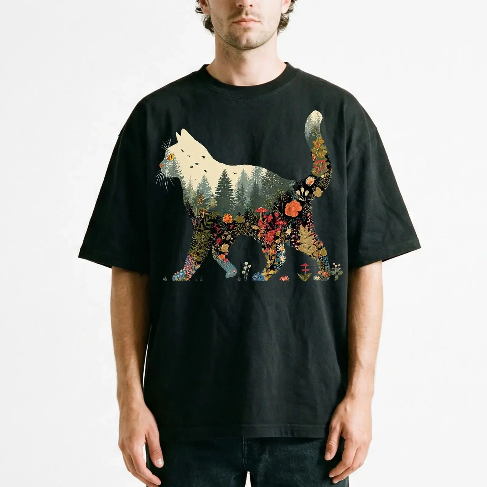 T shirt Cottagecore gatto botanico foresta naturale maglietta giardino fiori selvatici vintage Washed graphic Casual