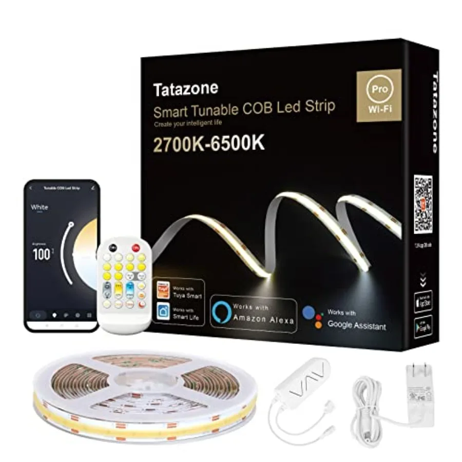 Tunable White Smart COB Led Strip Light Kit, CCT 2700K-6500K Bright COB Led Tape Light Compatible with Alexa and Google, Dimmab