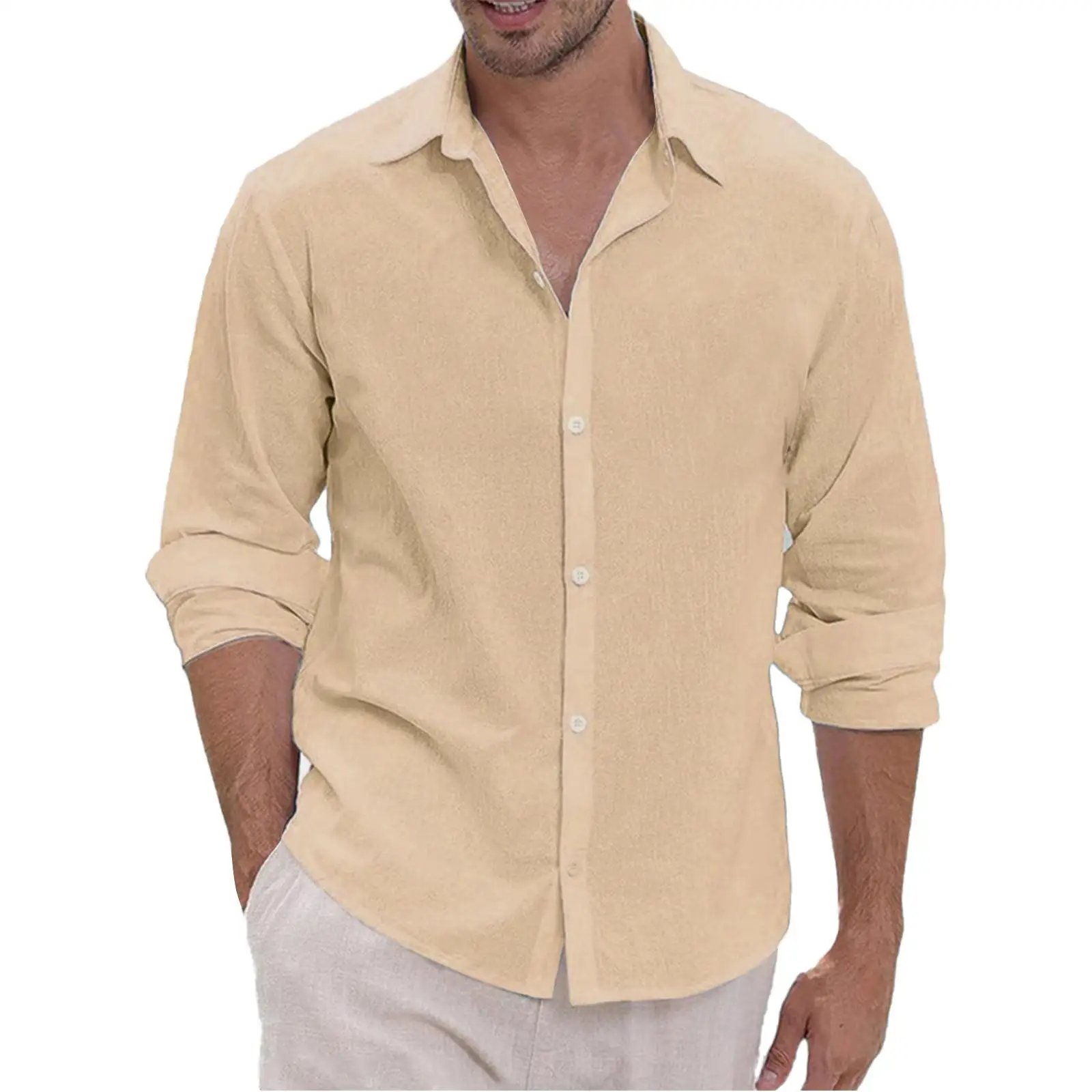 

Hawaiian Beach Men's Shirt T-Shirt Solid Linen Shirt New Men's Casual Shirt Lightweight Long Sleeved MB12