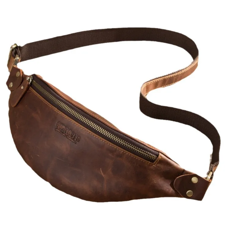 Cowhide Leather Waist Bag Crazy Horse Fanny Pack Travel Belt Bag Crossbody Chest Sling Pouch Large Capacity with Zipper Pocket