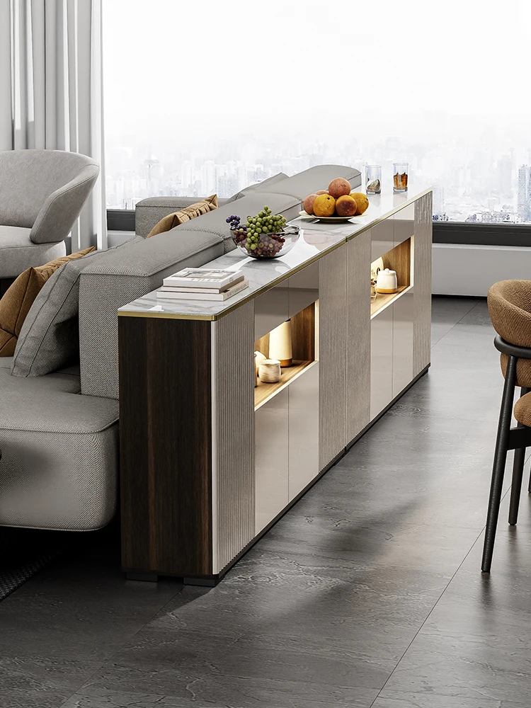 

Light luxury sofa backrest cabinet ultra-thin modern living room rock slab dining side cabinet integrated against the wall floor