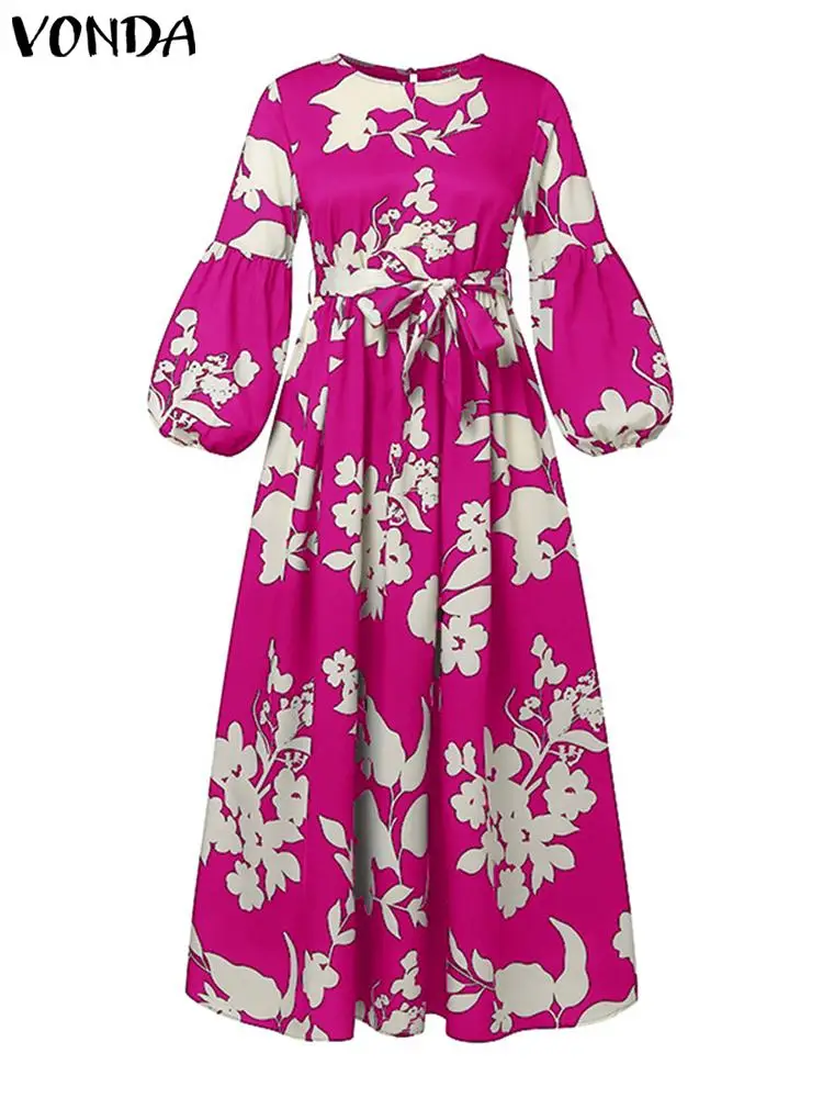 Plus Size VONDA Women Maxi Dress 2024 Vintage Puff Sleeve Printed Sundress Sexy Party Long Dress Belt Beach Vestidos Casual Robe