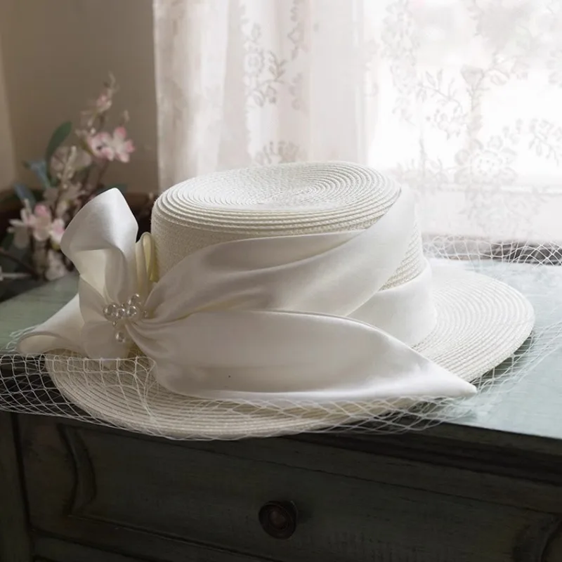 

French White Top Hat Women's Sunshade Mesh Bow Vacation Casual Straw Hat Summer New