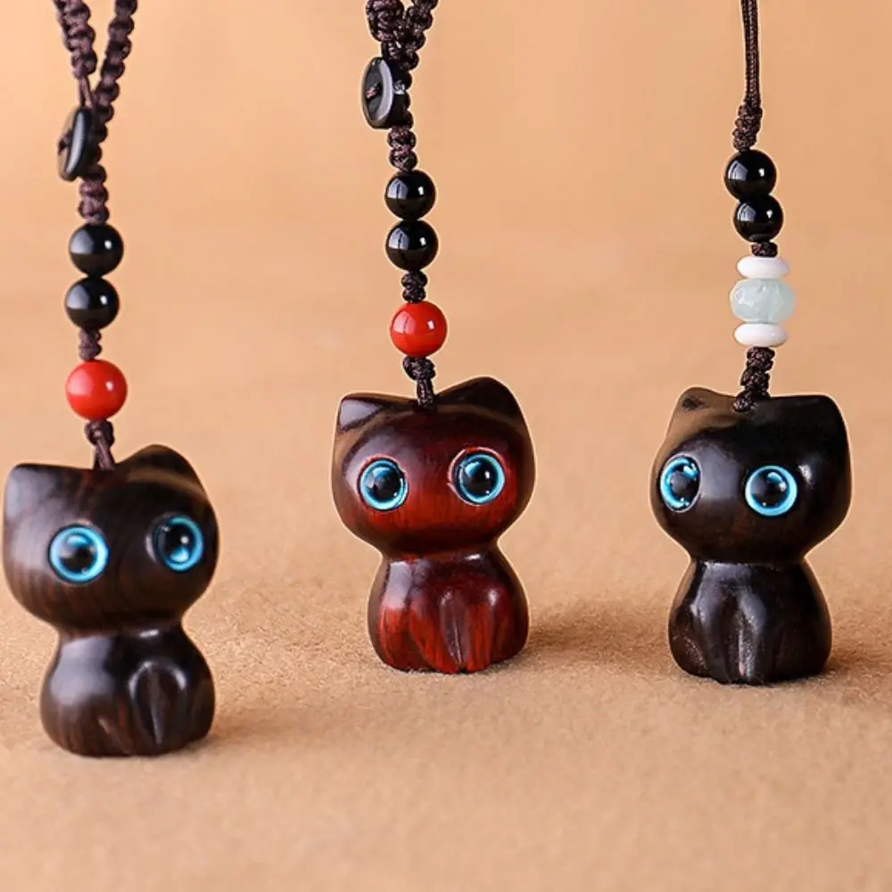 Sandalwood Wooden Cat Keychain Anime Cute Mobile Phone Chain Wooden Bag Pendant Accessories Car Keys Pendant Charms