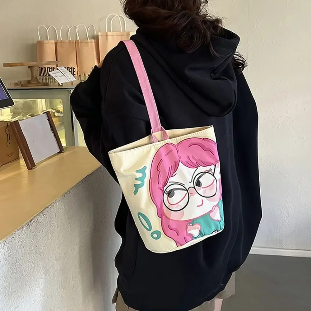 Panda Cartoon Canvas Bucket Bag Cartoon Girl Cat Rabbit Print Handbag All-match Letter Canvas Cat Shoulder Bag