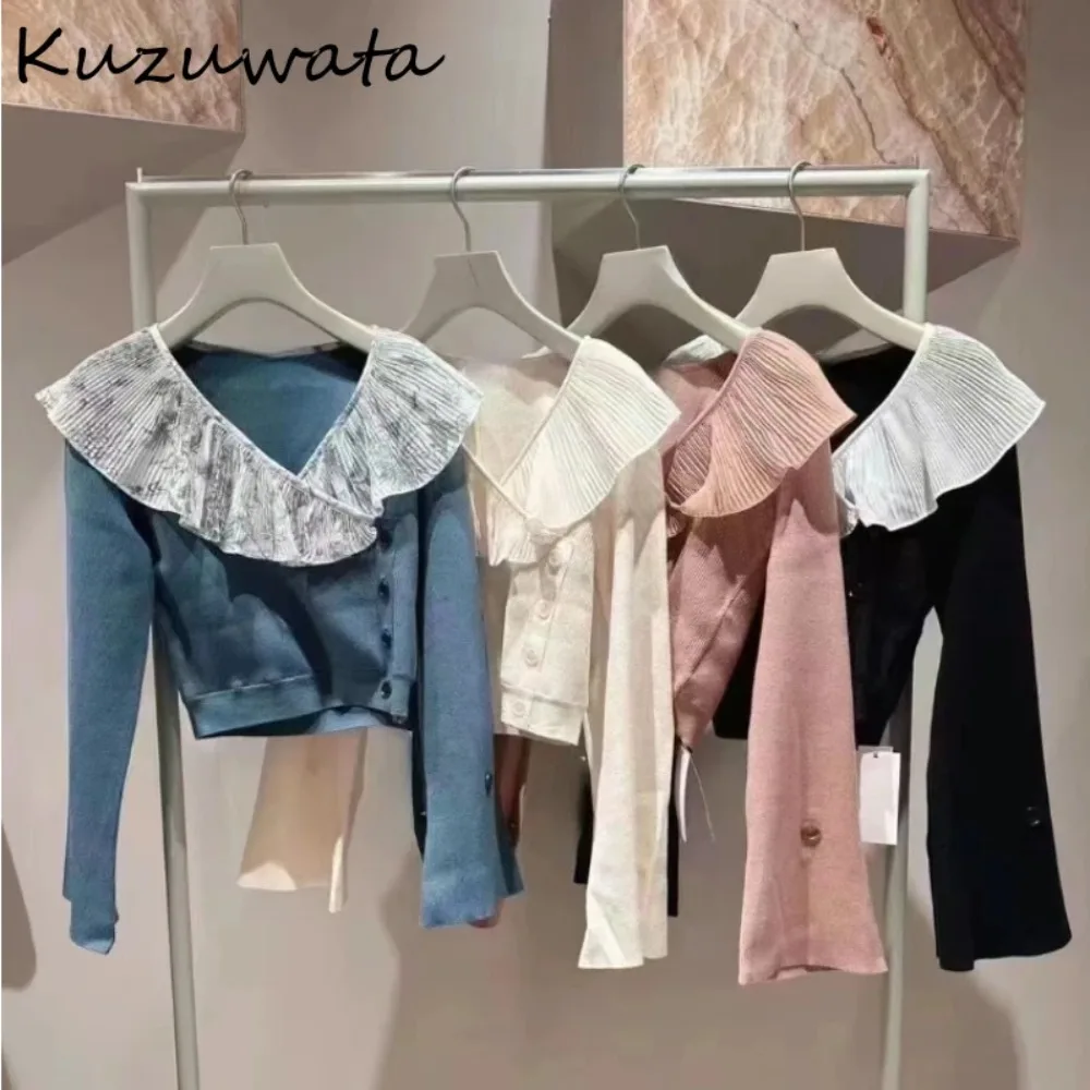 Kuzuwata V Neck Flare Sleeve Sweet Fresh Jumper Ruched Ruffles Patchwork Casual Elegant Pullovers Japan Knit Lace Sweaters