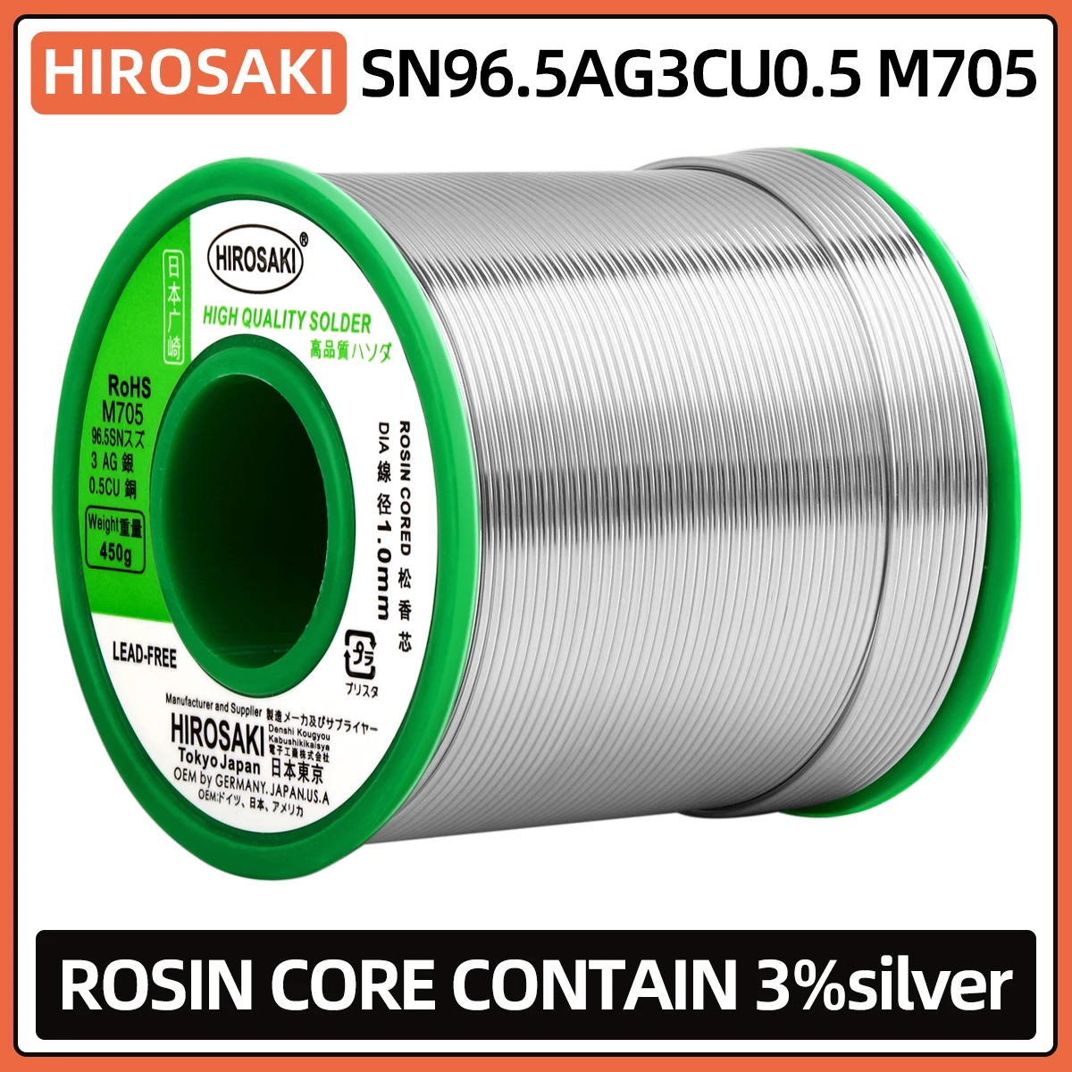 JAPAN HIROSAKI Solder Wire Contain 3% Silver M705 Lead-Free 0.8mm 1.0mm 450g With Flux Rosin Core soldering Sn96.5 Ag3 Cu0.5