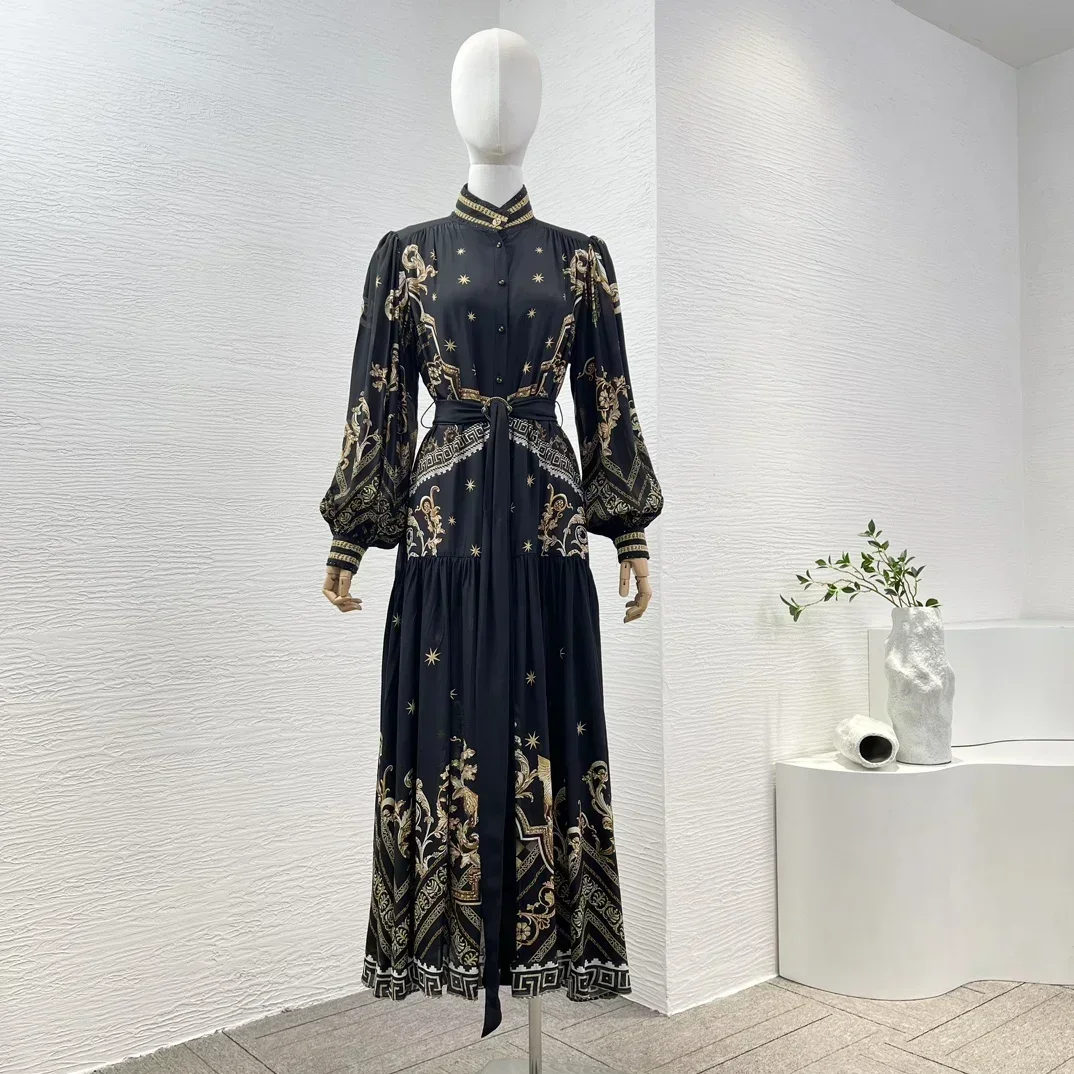 High Quality Silk Black Gold Position Print Long Lantern Sleeve Diamonds Pressed Stand Collar Pleat Women Midi Dress