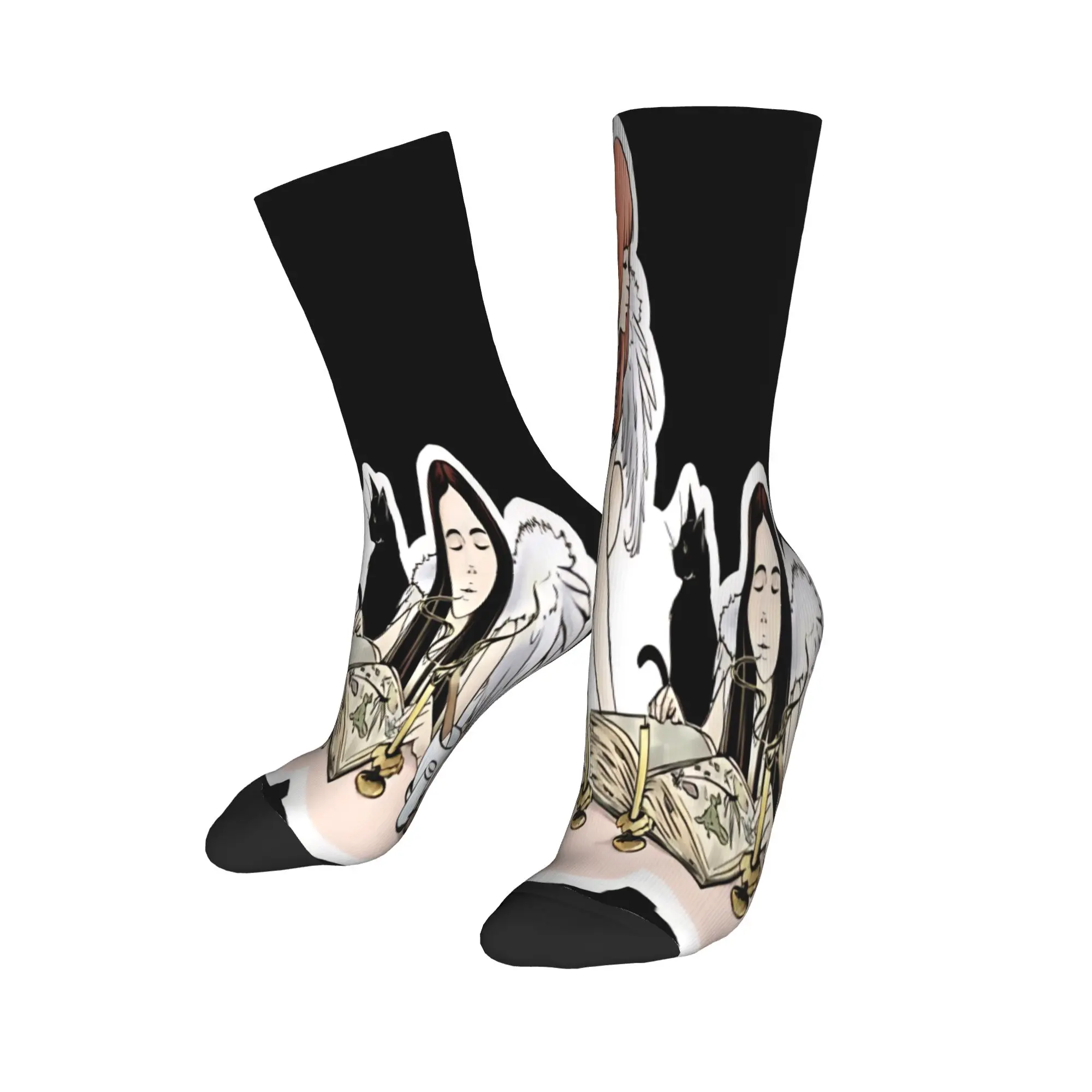 Practical Magic Witchcraft Spellbook Black Cat Angel Wings Printing Dress Socks Merch for Daily Wear Cozy  Dress Socks