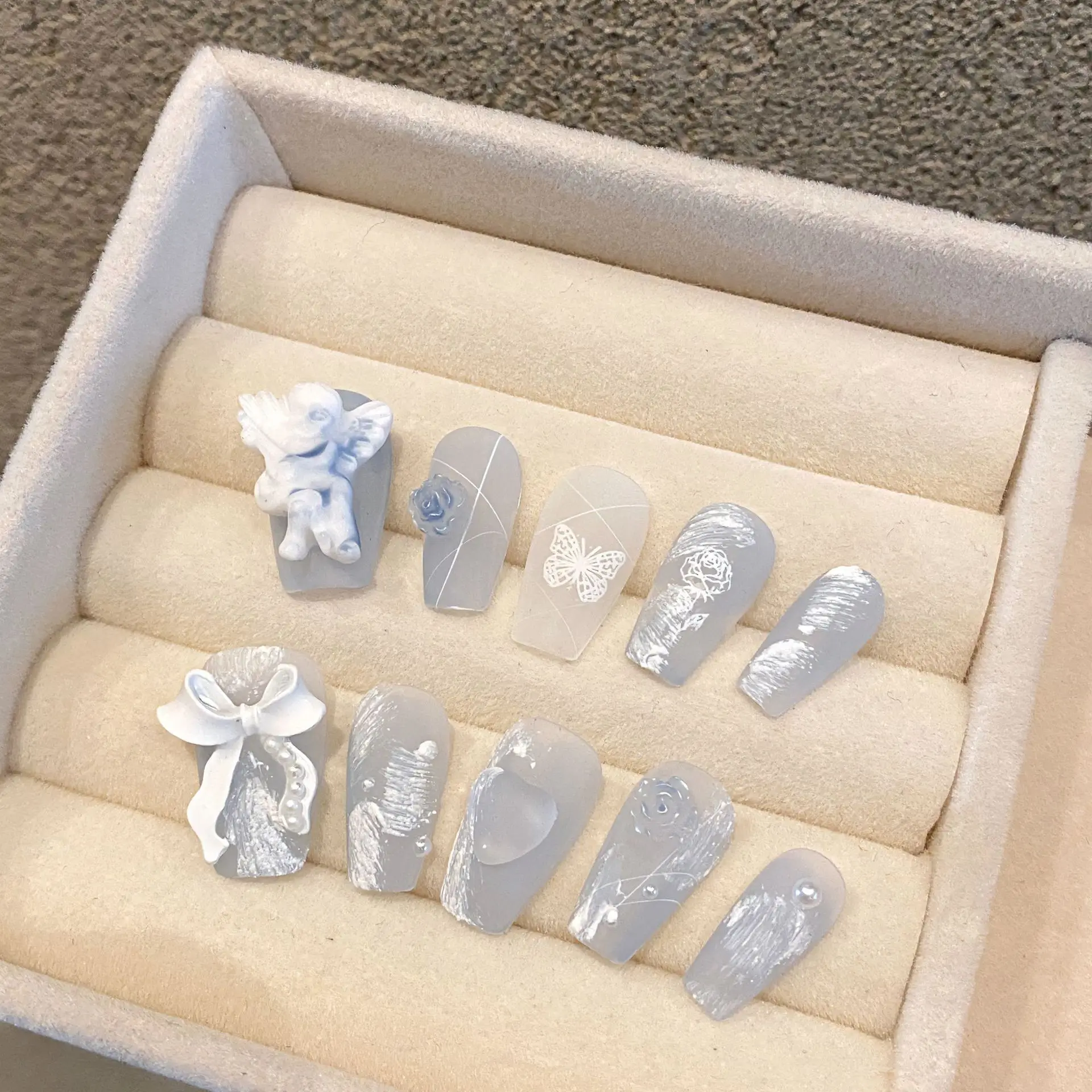 

10 pcs Luxury Handmade Press on Nails Middle Ballet Blue Angel Design False Nails with 4-PIECE Tool Adhesive Nail Glue Tabs