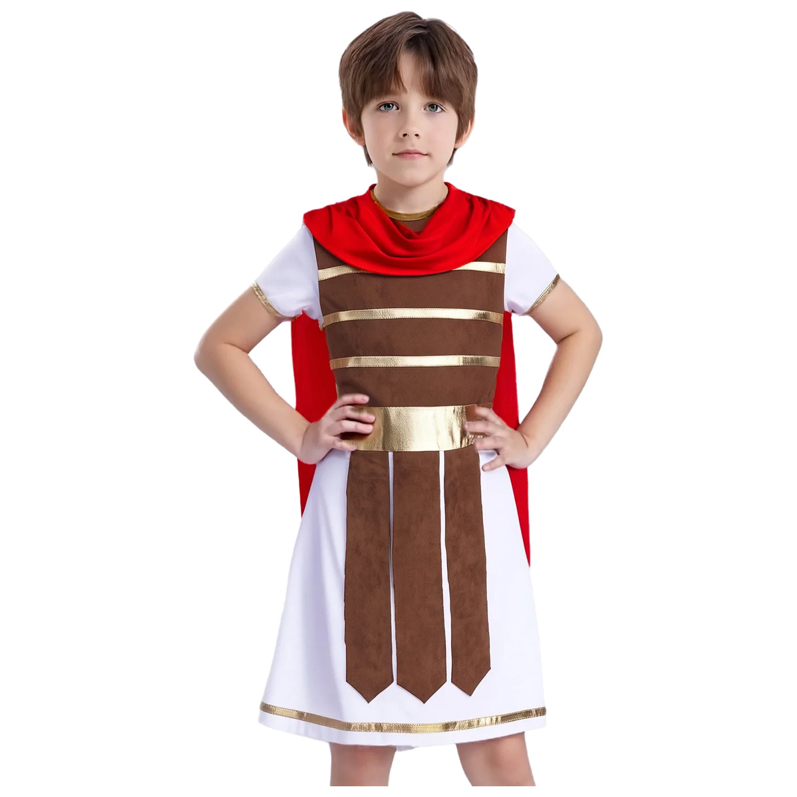 

Boys Ancient Roman Spartan Warrior Costume Halloween Medieval Soldier Gladiator Robe Short Sleeve Attached Cape Gown Dress Up