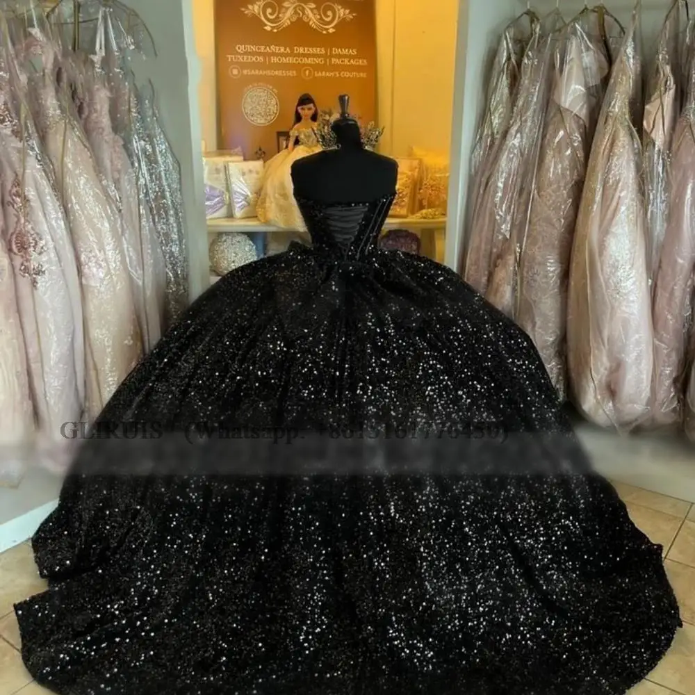 Black Quinceanrea Dresses Sweetheart Sequins Ball Gown Dress Sparkly Sweet 16 Princess Birthday Vestido De 15 Años Customized