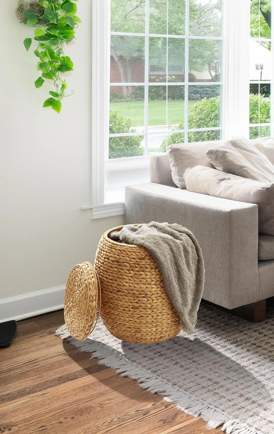 Comfort corner Round Storage Basket with Lid - Natural, Handwoven Water Hyacinth Organizer for Laundry,Blankets, Plants Bedroom