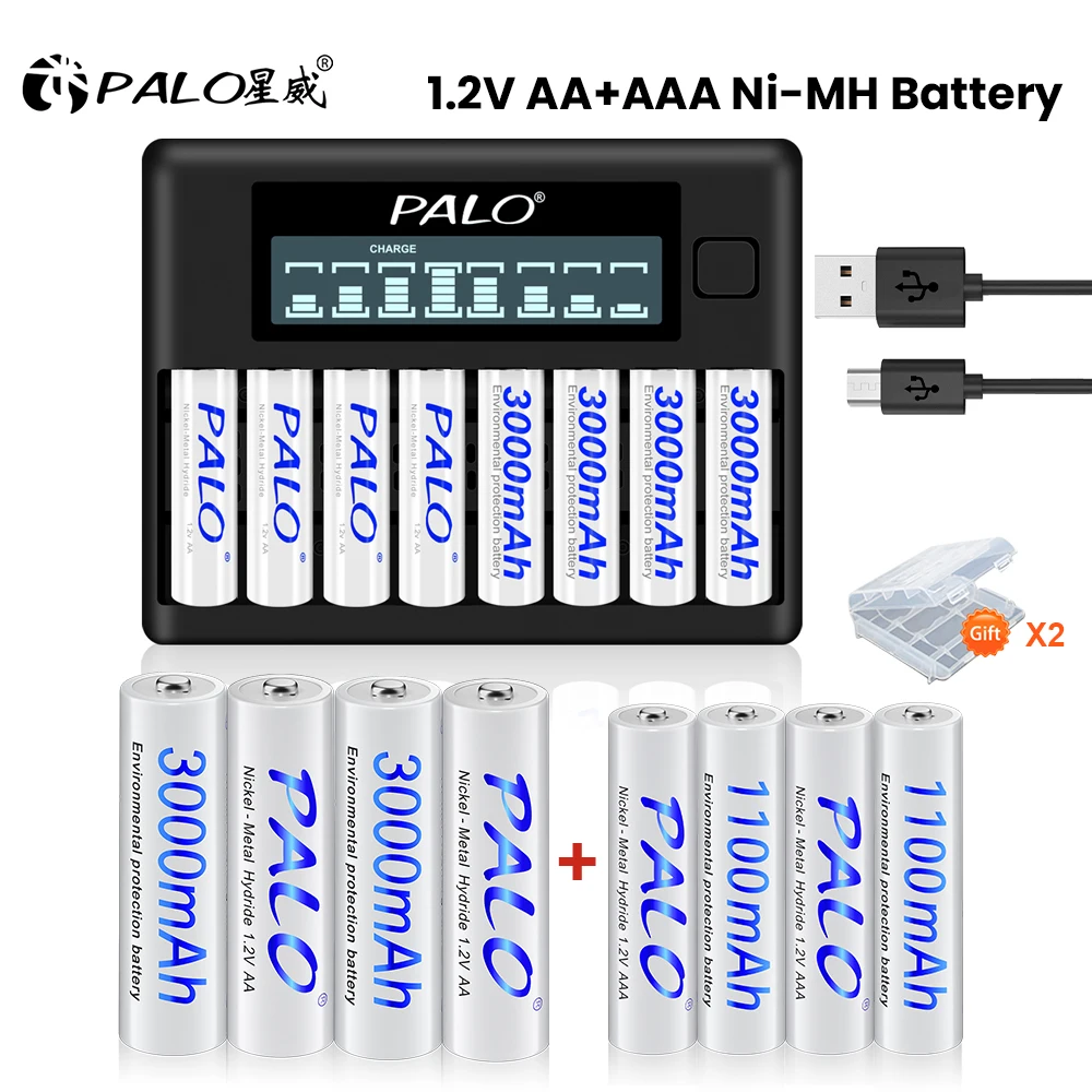 PALO AA AAA Battery 1.2V Rechargeable Battery NIMH Battery 3000mAh LR6 AA Rechargeable Battery 1100mAh LR3 AAA Battery for toys