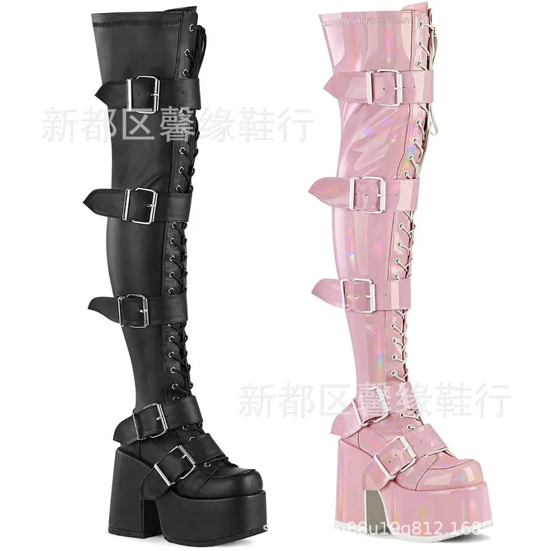

Woman Luxury Boot Pink Square Heel Platform Belt Buckle Long Boots Round Toe Cross Strap Zipper High Heels Fashion Knight Boots