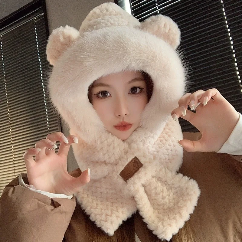 Ear Bear Woolen Hat Female Autumn Winter Plus Wool Thick Knit Cap Cute Niche Scarf Outdoor Warm M584