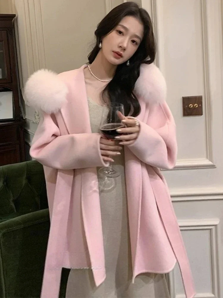 المرأة مزدوجة الوجه معطف الصوف الخريف الشتاء الملابس الإناث 2025 موضة جديدة مقنعين ريال فوكس الفراء الكشمير سترة صوفية