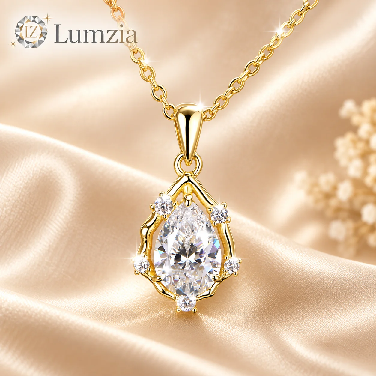 5A Cubic Zirconia Teardrop Necklace Pear Pendant Plated Copper Vintage Chain K White 14K Golden Gift for Women