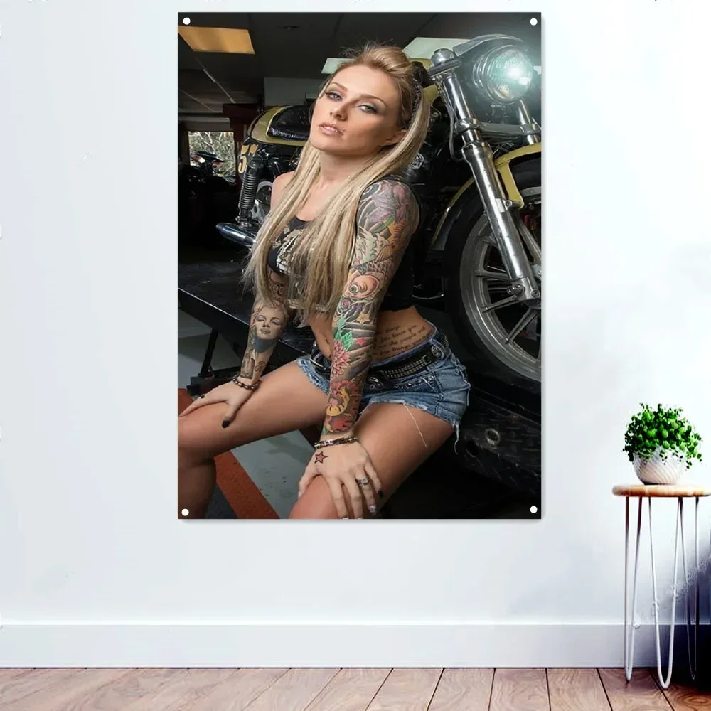 Blonde Biker babes with Tattoo Motorcycle Rider Wall Art Poster Banner Flag Painting for Men Cave Teen Boys Room Decor Tapestry