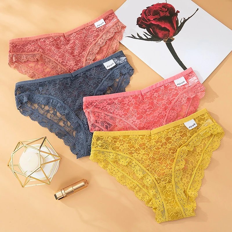 3PCS/SET Floral Lace Panties Women\'s Underwear Transparent Sexy Briefs Breathable Underpants Hollow Out Intimates Lingerie