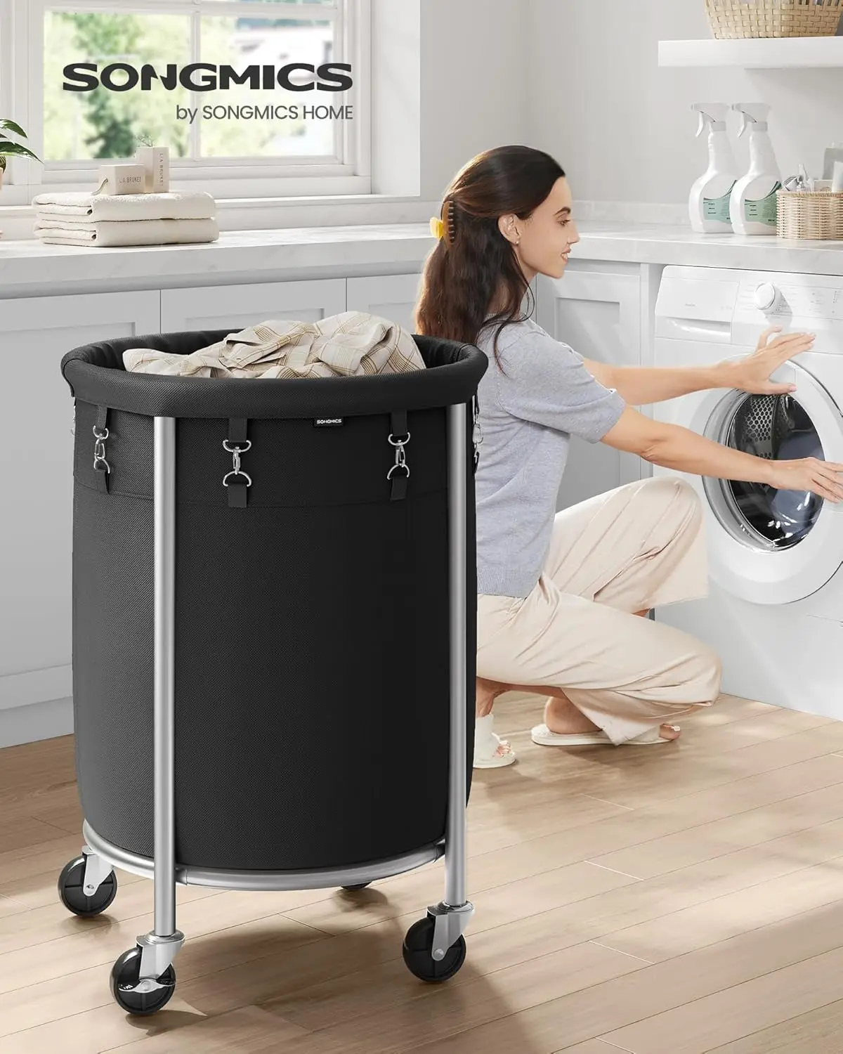 Laundry Basket with Wheels,Rolling Laundry Hamper, Round Laundry Cart with Steel Frame and Removable Bag, 4 Casters and 2 Brakes