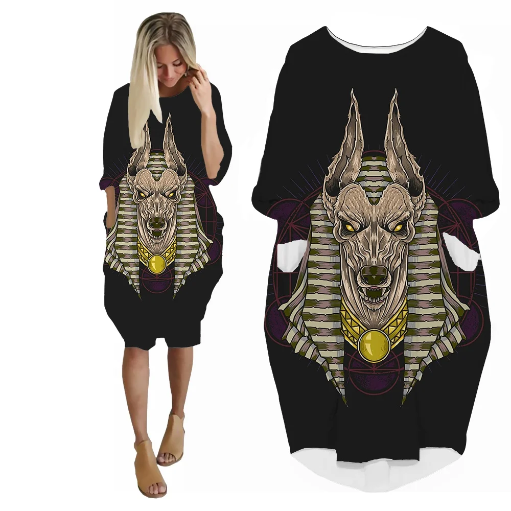 SONSPEE New Retro Style 3D Printed Grim Reaper Anubis Graphic Dress  Long Sleeve Women Casual Robe Street Personality Skirt