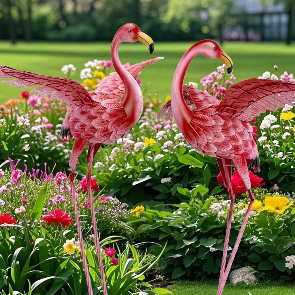 Flamingo Yard Decorations Tall Birds Garden Statues and Sculptures Metal Lawn Art Ornaments for Outdoor Patio Backyard Set of 2