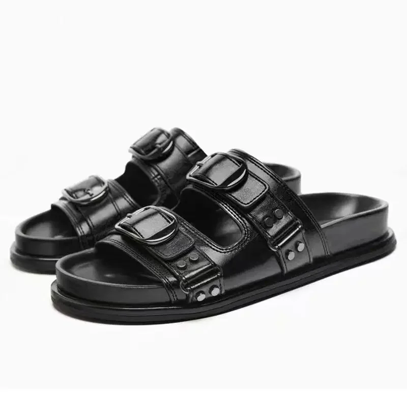 

Summer Women's Shoes White Buckle Embellished Thick-Soled One-Word Slippers Women's Flat-Soled Rivets Large-Size Women's Shoes