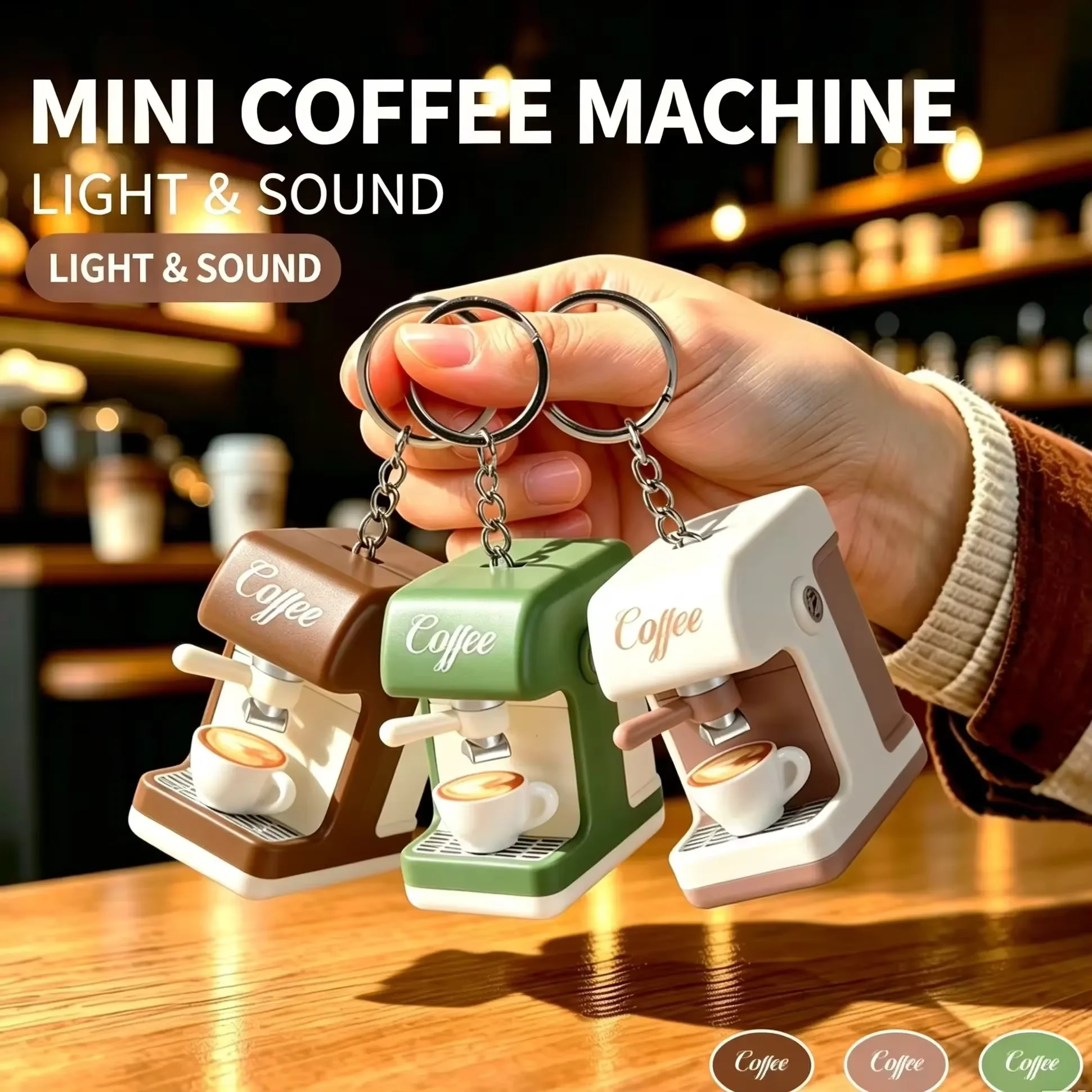Creative Mini Coffee Machine Keychain with LED Light & Sound 3D Coffee Maker Key Chains Bag Charm Keyrings Toy Accessories Gift