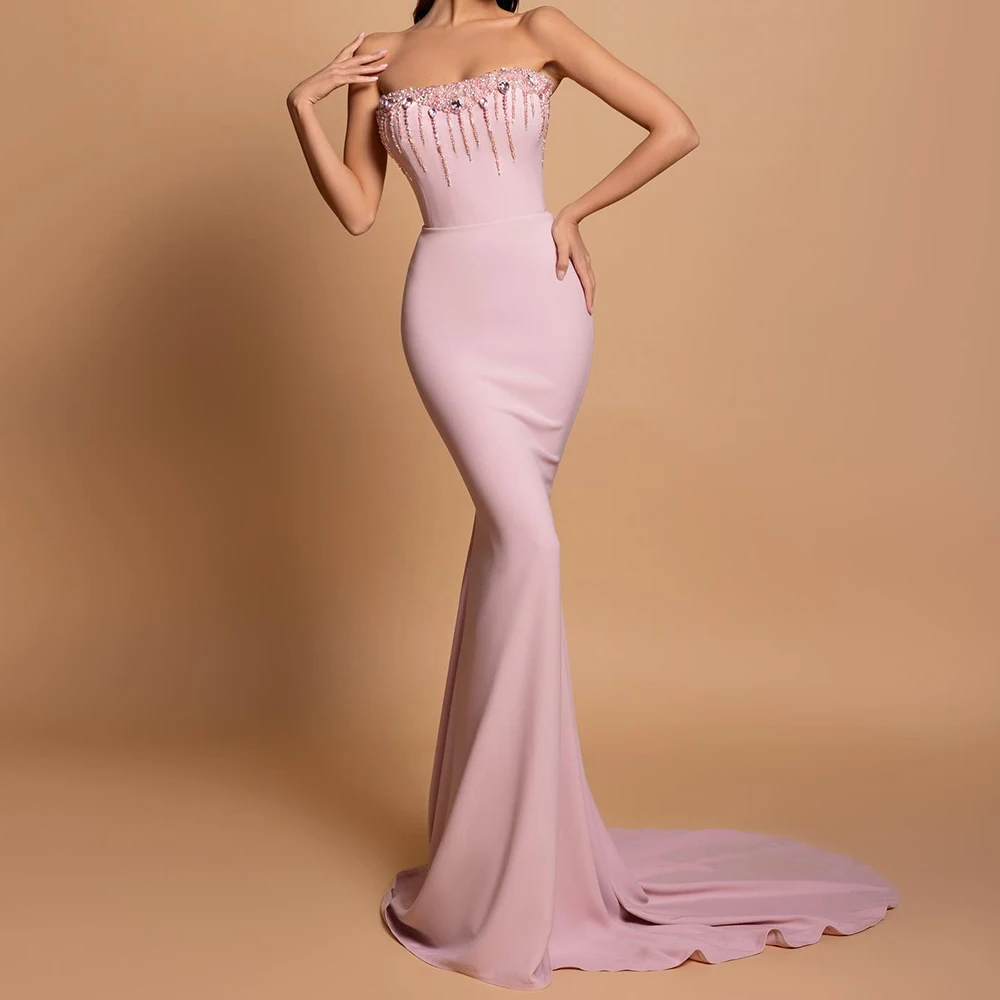 

Customized Luxury Jersey Mermaid Sequined Crystal Evening Dress High Quality Floor Length Strapless vestidos de fiesta