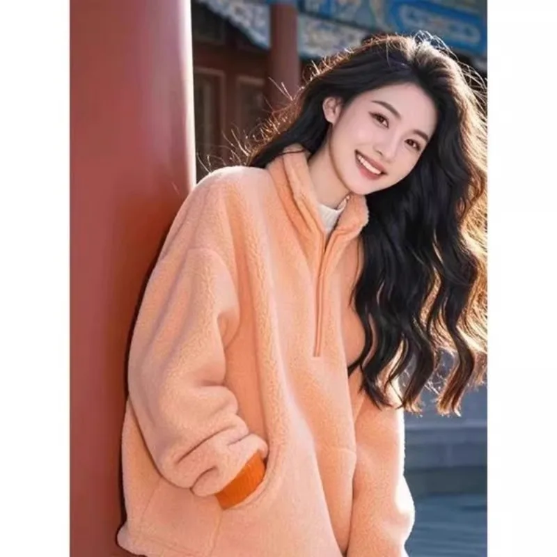 Orange Half Turtleneck Sherpa Sweatshirt Jacket for Women Autumn and Winter Solid Color Pullover Fashion Top