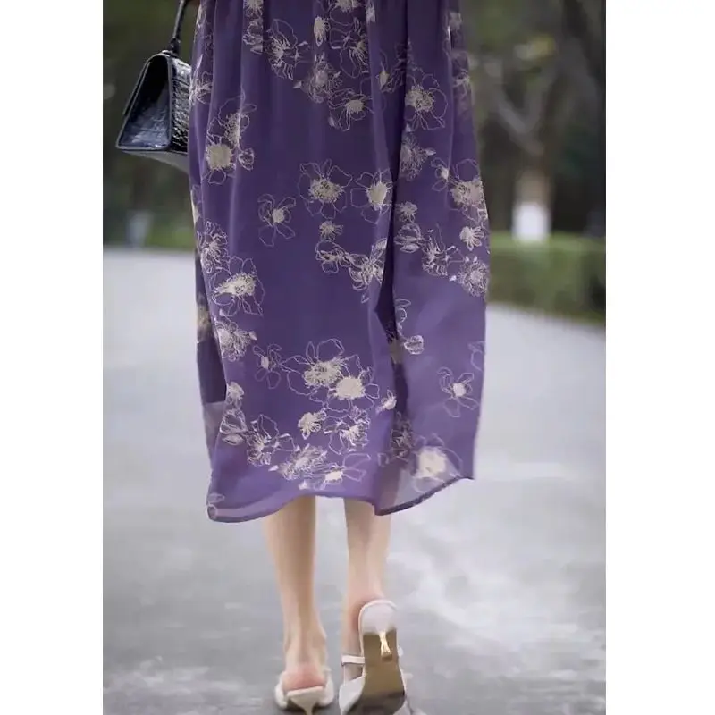 2024 Women's New Summer Crew Neck Spliced Drawstring Loose Appear Thin Elegant Short Sleeve Knee Length Purple Chiffon Dress