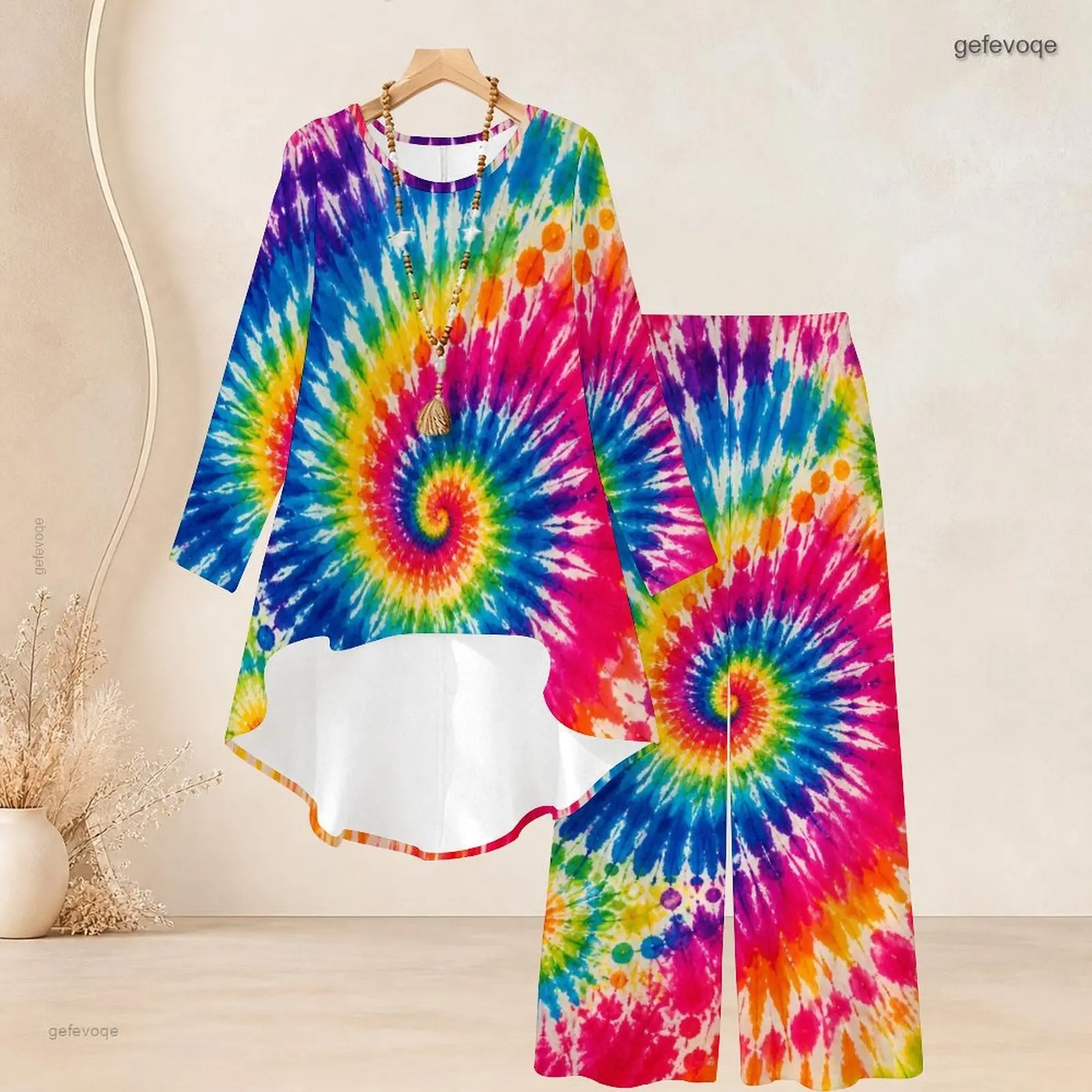 Round Neck Long Sleeve High Low Top Wide Leg Pants Two Piece Printed Pants Set for Women