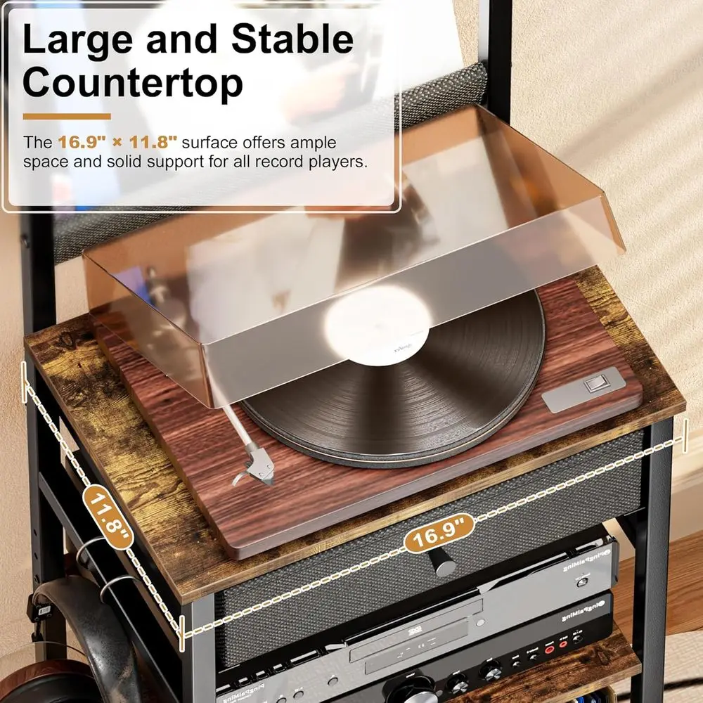 حامل تخزين سجلات الفينيل مع شاشة عرض من 3 طبقات، يحمل 200 ألبومًا، درج متضمن، بني ريفي لمساحات المعيشة #4