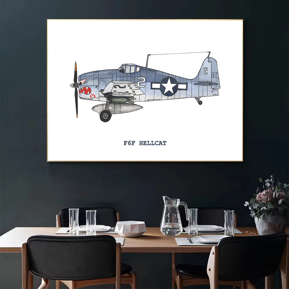 Watercolor Airplane Famous Military Air Force Aircraft Aviation Poster Canvas Painting Wall Art Pictures Home Boy's Room Decor