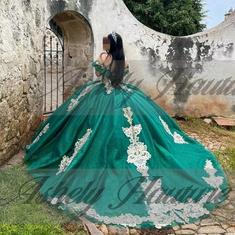 Maßgeschneiderte mexikanische grüne Frauen-Abschlussball-Geburtstagsparty-Kleider, Spitzenapplikation, Korsett, Ballkleid, Anlass, Vestido De xv, Quinceanera